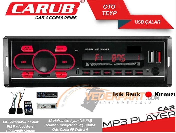CARUB OTO TEYP USB ÇALAR 12V KIRMIZI  IŞIK