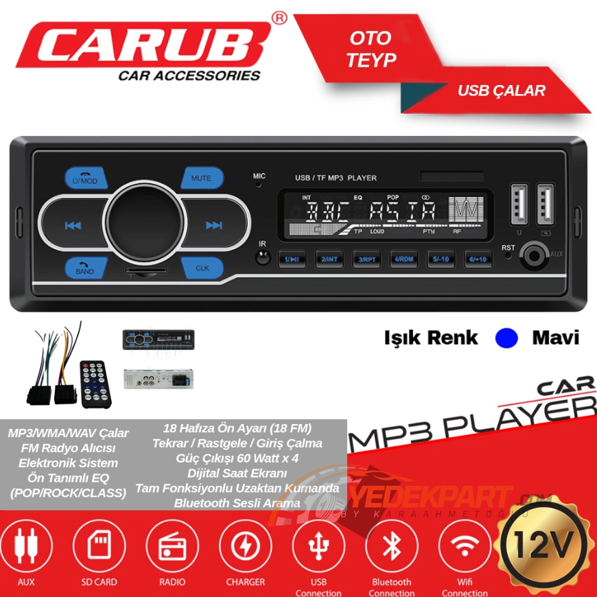 CARUB Oto Teyp Usb Çalar 12v Mavi Işık