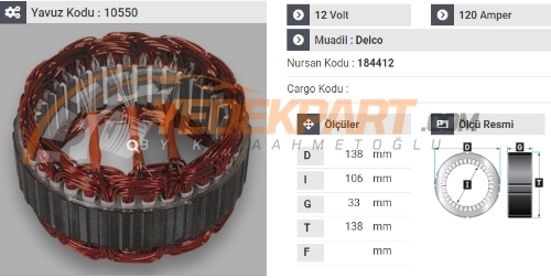 STATÖR 12V DELCO TİP 120AH CHEVROLET CAPTIVA2 OPEL 184412, 96866018,  ALT1240 İÇ:106  DIŞ:138  GEN:33