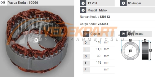 STATÖR 12V MAKO TİP 85AH PALIO SIENA ALBEA 120112 İÇ:91.8  DIŞ:118  GEN:30