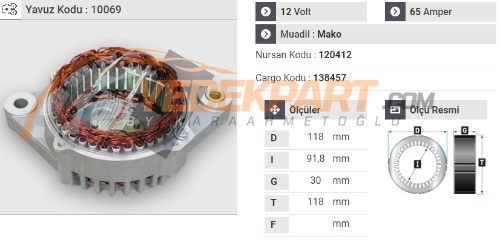 STATÖR 12V MAKO TİP 65AH D-Ş-K PALIO SIENA 120412 İÇ:91.8  DIŞ:118  GEN:30