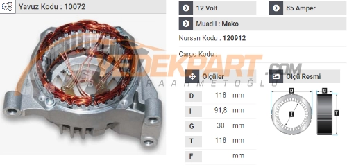 STATÖR 12V MAKO TİP 85AH ALBEA M.JET 1.2 120912 İÇ:91.8   DIŞ:118    GEN:30
