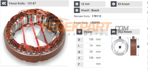 STATÖR 12V BOSCH TİP 28AH JOHNDERE-LOMBARDINI 178012 İÇ:74 DIŞ:108 GEN:20