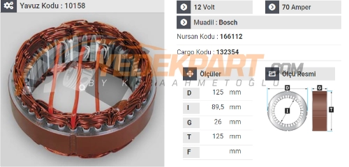 STATÖR 12V BOSCH TİP 70AH MERCEDES 200D 166112 İÇ:89,5 DIŞ:125 GEN:26
