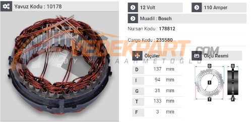 STATÖR 12V BOSCH TİP 110AH CONNECT-FOCUS 178812 İÇ:94  DIŞ:137-133  GEN:31-3