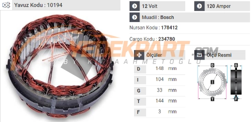 STATÖR 12V BOSCH TİP 120AH VW LT35  V184 178412 İÇ:104  DIŞ:148-144  GEN:33-3