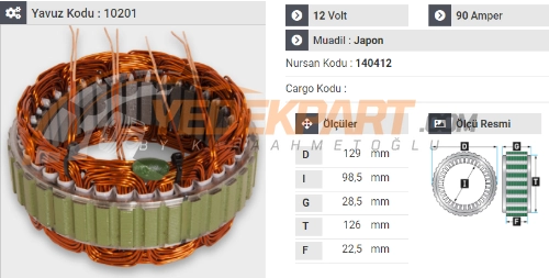 STATÖR 12V HITACHI TİP 90AH ISUZU DMAX 3000CC 140412 İÇ:98.5  DIŞ:126  GEN:22.2