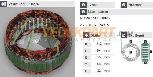 STATÖR 12V HITACHI TİP 70AH ISUZU WFR 140012 İÇ:104 DIŞ:135 GEN:22