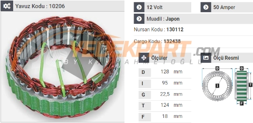 STATÖR 12V HITACHI TİP 55AH ISUZU MAZDA 130112 İÇ:95 DIŞ:124 GEN:18