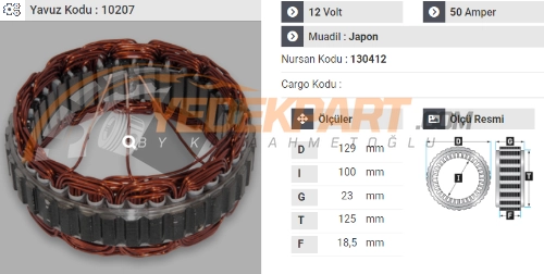 STATÖR 12V HITACHI TİP 50AH ISUZU MOT. J9 (DAR)130412 İÇ:100  DIŞ:125  GEN:18