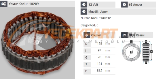 STATÖR 12V HITACHI TİP 65AH ISUZU MOT. J9 GENİŞ 130512 İÇ:95  DIŞ:124  GEN:18