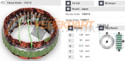 STATÖR 12V HITACHI TİP 50AH BMC NISSAN MİN.PİKAP 130312 İÇ:95 DIŞ:124 GEN:18