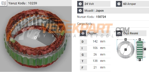 STATÖR 12V HITACHI TİP 80AH TATA PİKAP ÇİFT K. 150912 İÇ:95 DIŞ:125 GEN:20