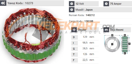 STATÖR 12V HITACHI TİP 75AH OPEL COMBO 1.7 DİZEL 140212 İÇ:98.5 DIŞ:126 GEN:22,2