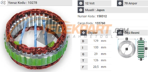 STATÖR 12V MITSUBISHI TİP 70AH HYU.SONATA-STAREX 150312 İÇ:100  DIŞ:126  GEN:20.5