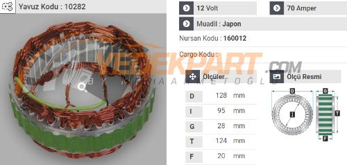 STATÖR 12V JAPON TİP 70AH KIA BESTA-BONGO 160012 İÇ:95  DIŞ:124  GEN:20