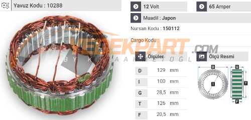 STATÖR 12V MITSUBISHI TİP 65AH MITS. L300 YM 98->150112 İÇ:100  DIŞ:126  GEN:20.5