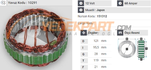 STATÖR 12V MITSUBISHI TİP 60AH P. PARTNER 2004->151312 İÇ:95.5  DIŞ:119.5  GEN:20.5