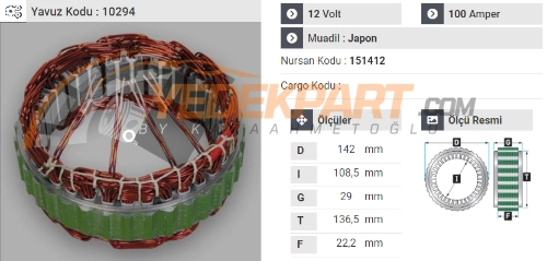 STATÖR 12V JAPON TİP 100AH NISSAN NAVARA-SKYSTAR 151412 İÇ:108.5  DIŞ:136.5  GEN:22.2