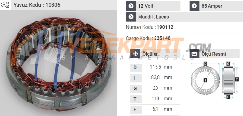 STATÖR 12V LUCAS TİP 35AH ACR 15-16 190112 İÇ:83.8  DIŞ:113  GEN:6.1
