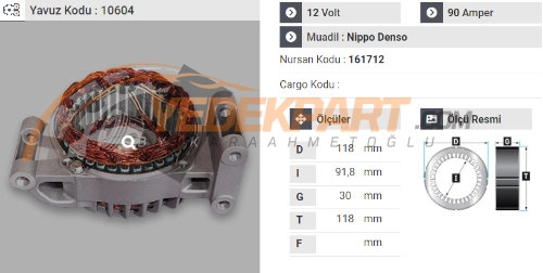 STATÖR 12V N.DENSO TİP 90AH 1.3  MULTIJET K.LI 161712 İÇ:91.8 DIŞ:118 GEN:30