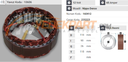 STATÖR 12V N.DENSO TİP 65AH COROLLO HONDA ACC.160412 İÇ:90  DIŞ:118  GEN:26