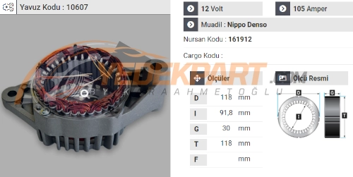 STATÖR 12V N.DENSO TİP 105AH FIAT 1.6 M.JET K.LI 161912 İÇ:91.8  DIŞ:118  GEN:30