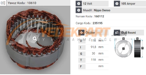 STATÖR 12V N.DENSO TİP 105AH DOBLO FORD TRANSİT 160112 İÇ:91.8  DIŞ:118  GEN:30